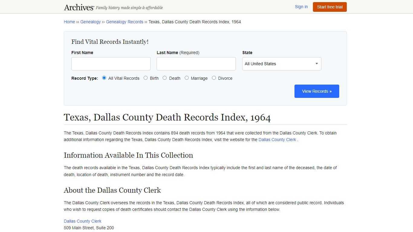 Texas, Dallas County Death Records Index, 1964 - Archives.com